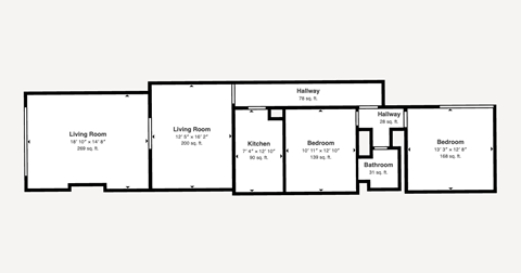 Floor plan for 2 beds, 1 bath, 1258 sqft
